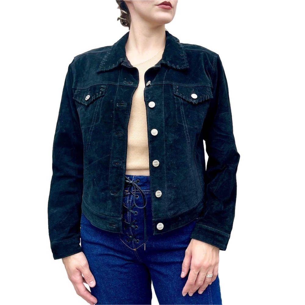 Vintage Black Genuine Suede Leather Whip Stitch Western Oversized Jacket Large